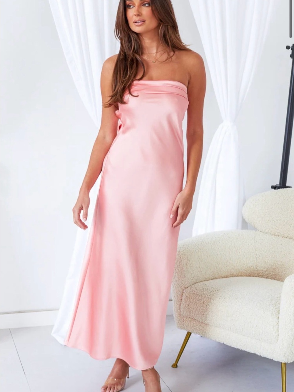 Beginning Boutique Maiah Strapless Satin Slip Dress in Pink